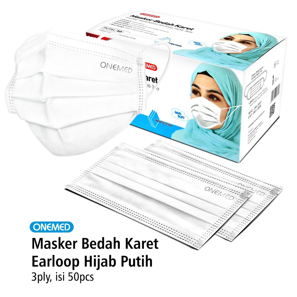 Jual ONEMED MASKER BEDAH KARET EARLOOP JILBAB 3 PLY PUTIH BOX 50 PCS ...