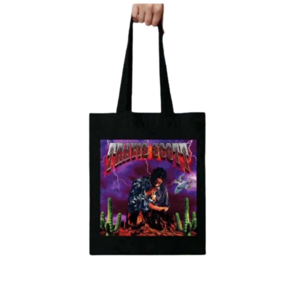 Jual totebag tote bag TRAVIS SCOOT RAP RAPPER H M HITAM PRIA