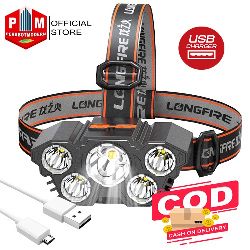Jual Head Lamp Senter Kepala 5 LED Super Terang USB Rechangeable ...