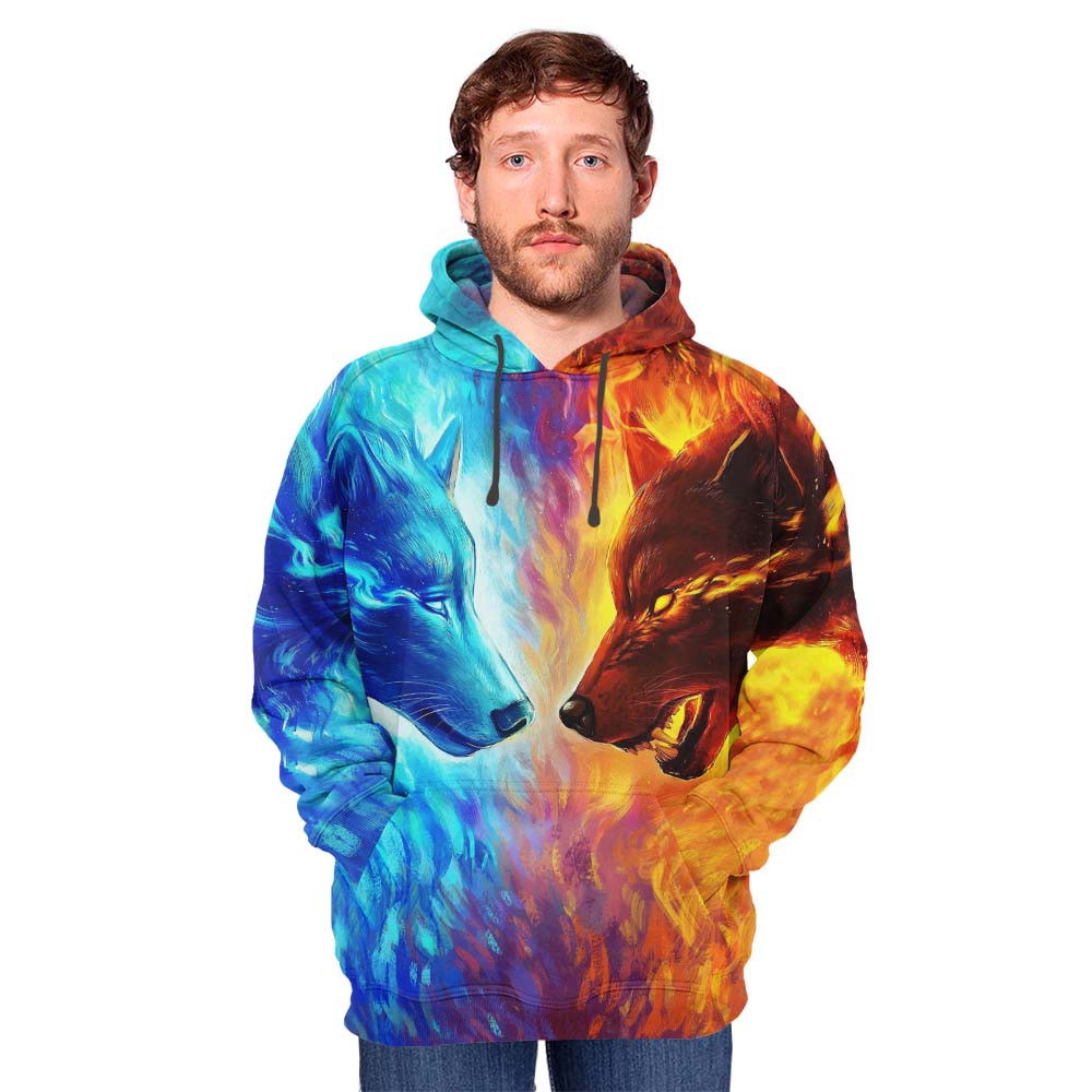 Jual Jaket Hoodie WOLF FIRE AND ICE Premium Pria 3D Fullprint