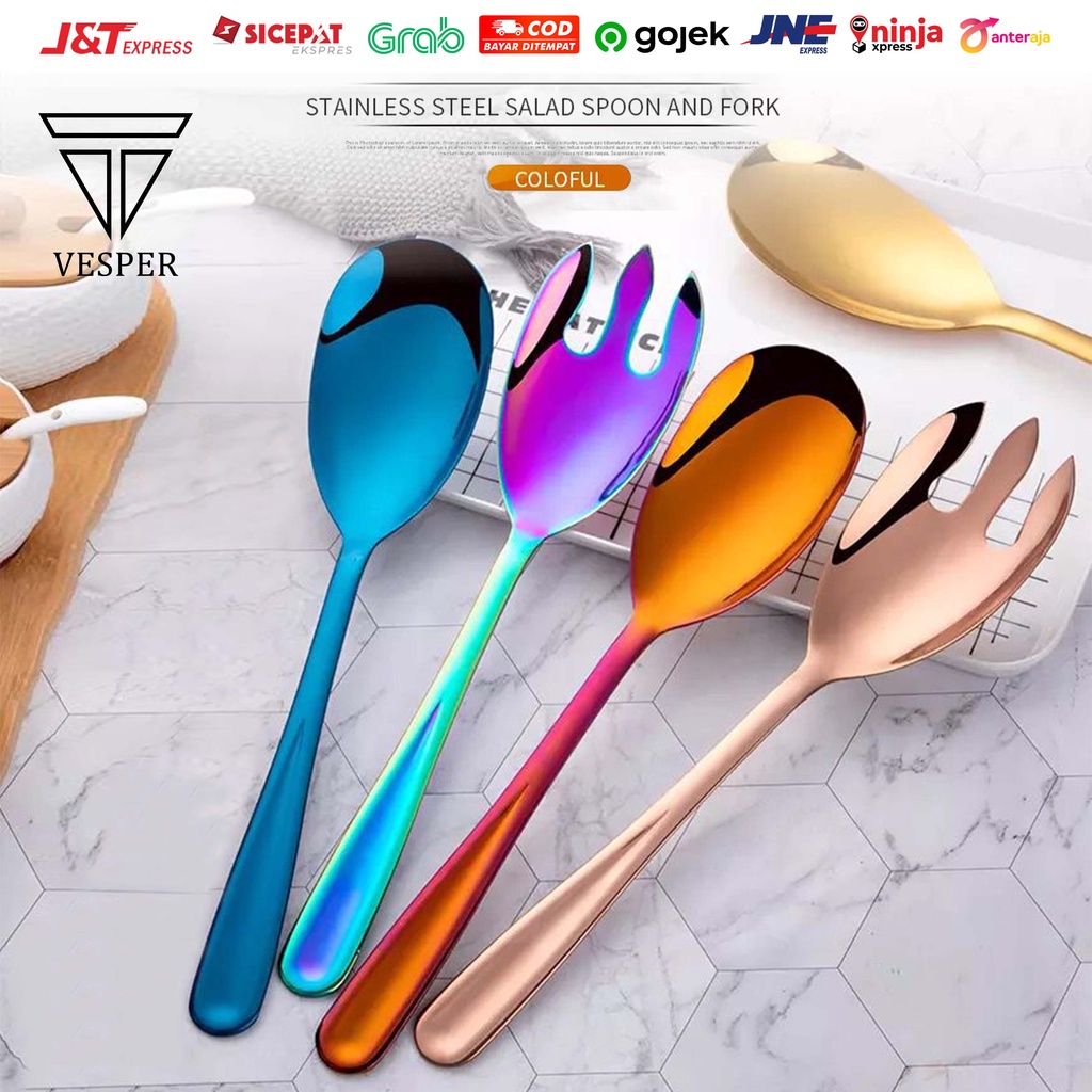 Jual serving spoon fork stainless long handle / sendok garpu besar saji ...