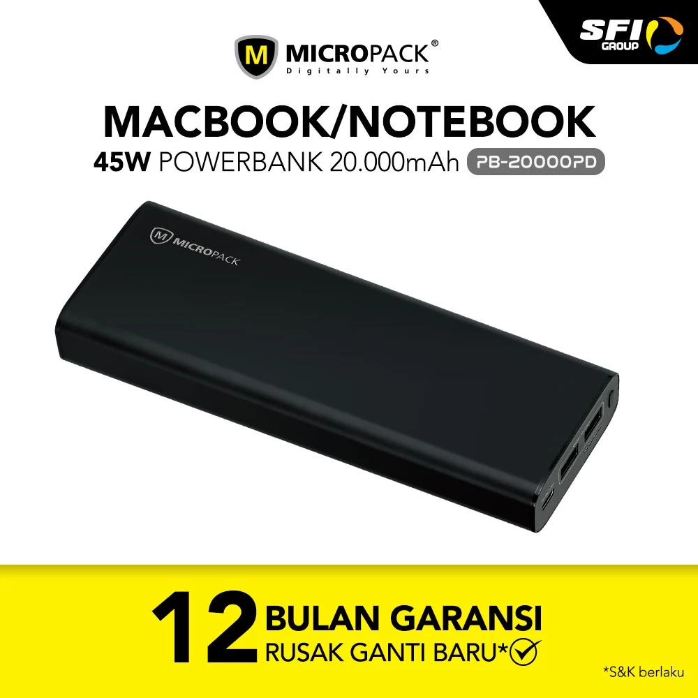 Powerbank 20.000mAh 45W QC+PD 3.0 Micropack Super Fast Charging For Macbook/Notebook - PB-20000 PD.BLK