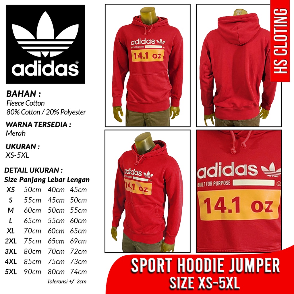 Jaket Sport XS 5XL ADIDAS Trefoil 14.1 OZ Sport Hoodie Jumper Merah Bahan Katun Fleece Ukuran Jumbo Big Size XS S M L XL XXL 3XL 4XL 5XL