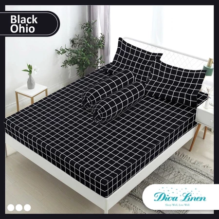 Sprei Disperse Tinggi 30cm Diva Linen motif Kotak Minimalis - Black Ohio