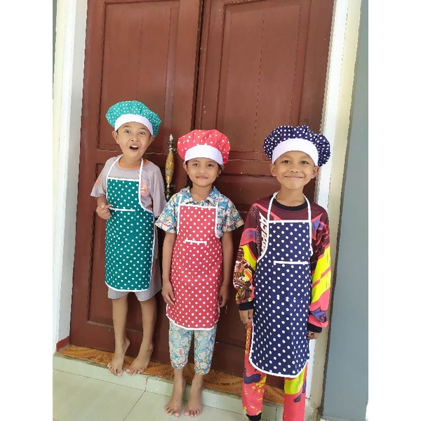 Jual ORI CELEMEK ANAK APRON KIDS PAUD TK SD SET TOPI KOKI CHEF HAT