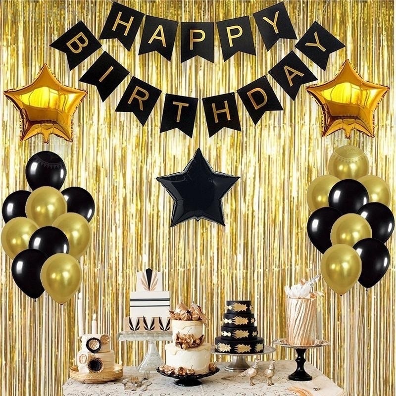 Jual TANPA TIRAI set dekorasi tema hitam gold/ birthday party dekorasi