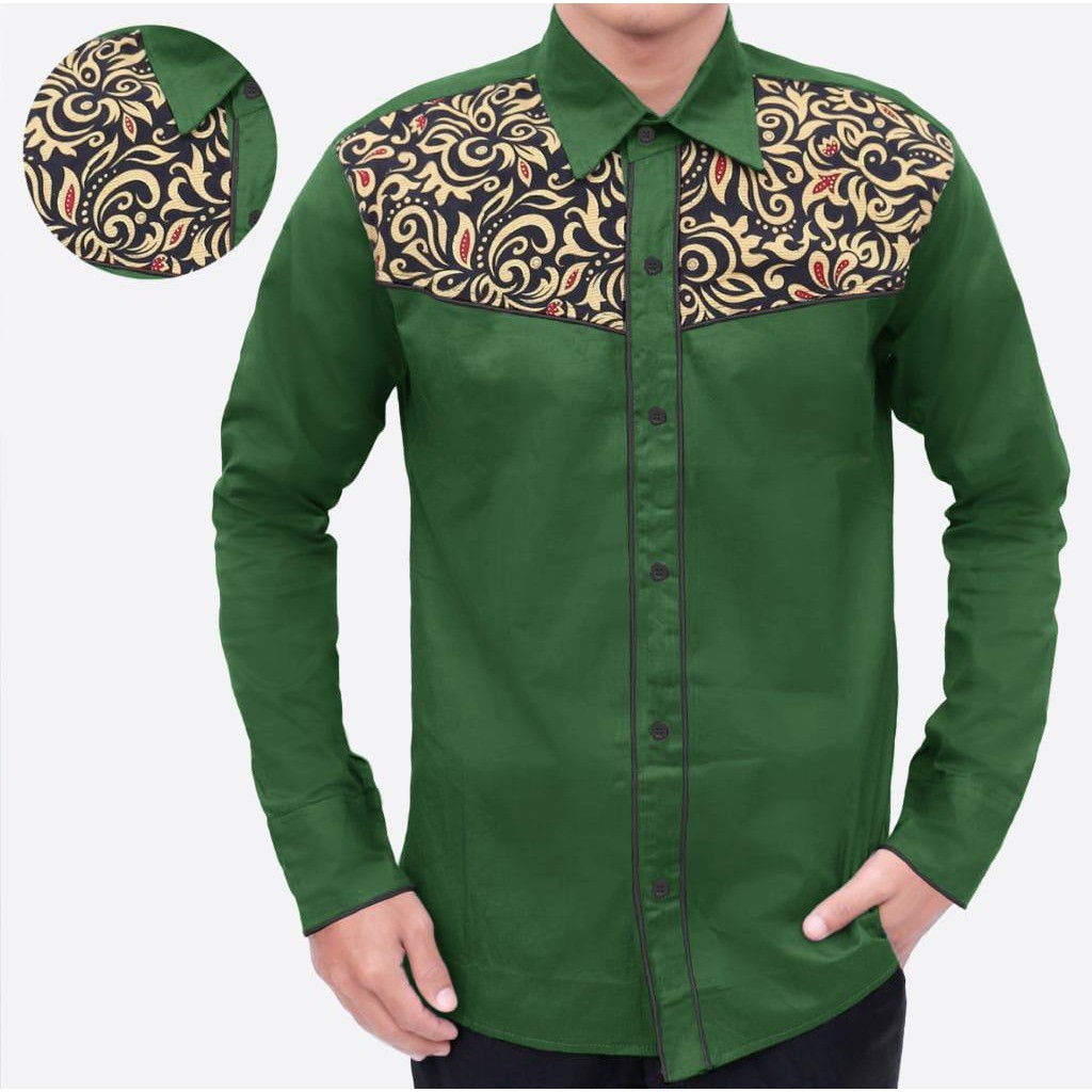Jual Kemeja Pria Batik Kombinasi Polos Lengan Panjang | Kulin | Hem Pria  Kantor Kasual Motiif Modern | Shopee Indonesia