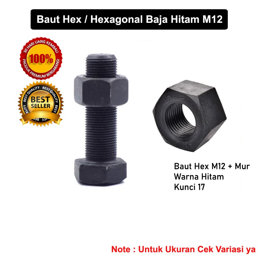 Jual Baut Hex / Hexagonal Baja Hitam M12 + Mur / Baut Pertukangan Bahan ...