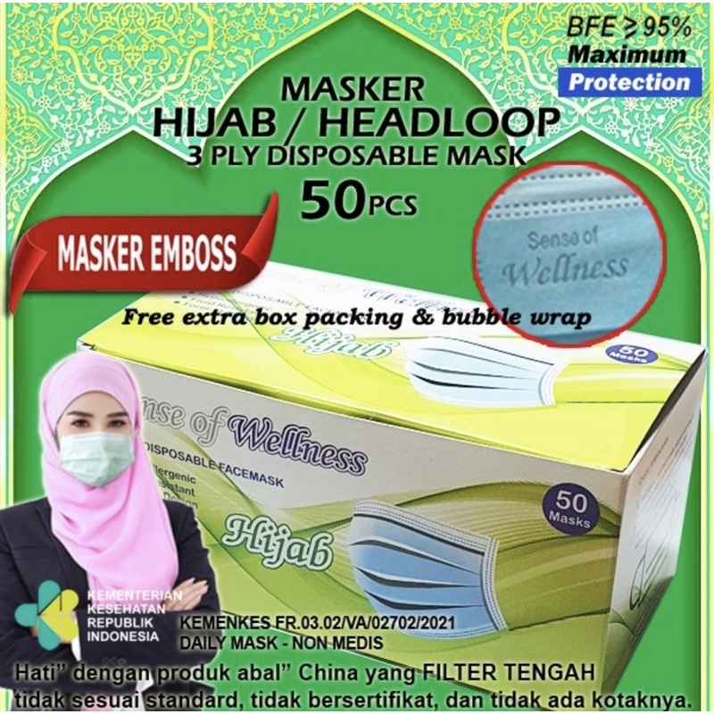 Jual Masker Hijab 3 Ply Headloop 3Ply Disposable Daily Mask (Harga/box ...