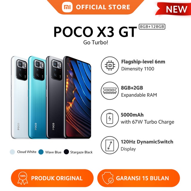 Official Xiaomi POCO X3 GT 8GB+128GB 6nm Dimensity1100 64MP Triple Kamera  Layar DotDisplay FHD+ 6,6? 120Hz 5000mAh