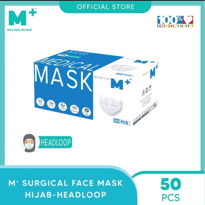 Jual Masker Medis Hijab/Headloop Putih M+ 3 Ply - Masker Medis Isi 50 ...