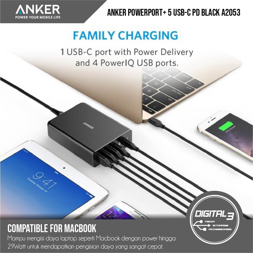 Jual Anker PowerPort+ 5 Ports USB-C Anker Multiport with Type C Charger ...