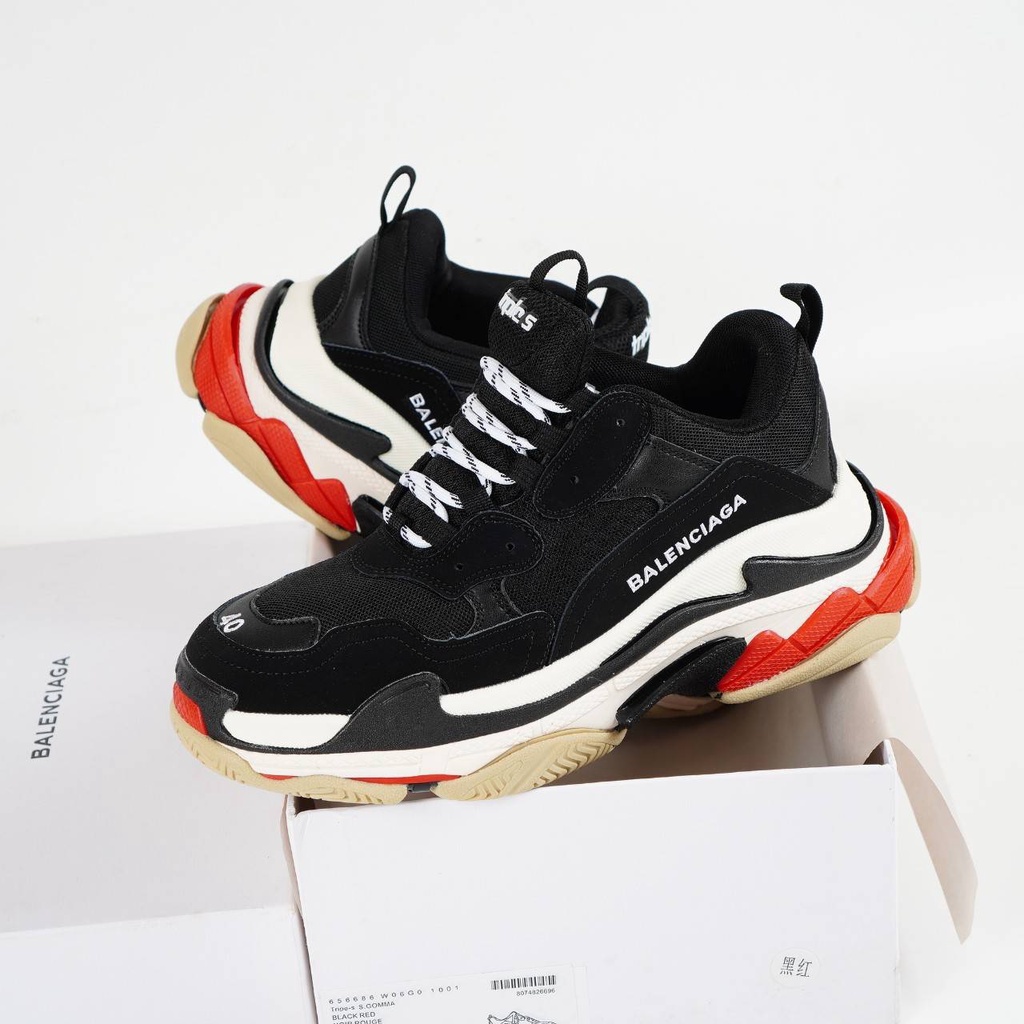 SEPATU BALENCIAGA TRIPLE S BLACK WHITE RED PREMIUM MADE IN ITALY MURAH CEWEK COWOK SNEAKERS CASUAL GAYA ORI ORIGINAL BNIB PRIA WANITA