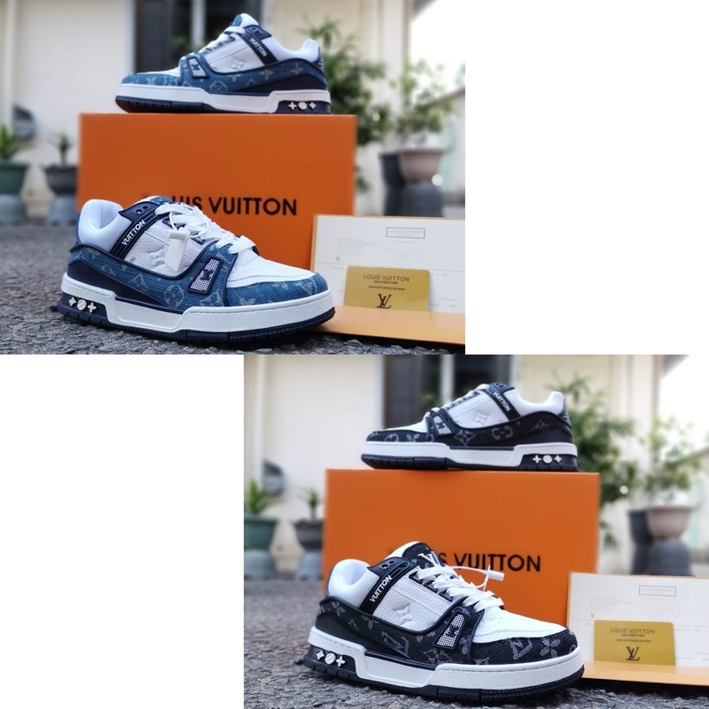 LOUIS VUITTON TRAINER GREEN DENIM, Fesyen Pria, Sepatu , Sneakers di  Carousell