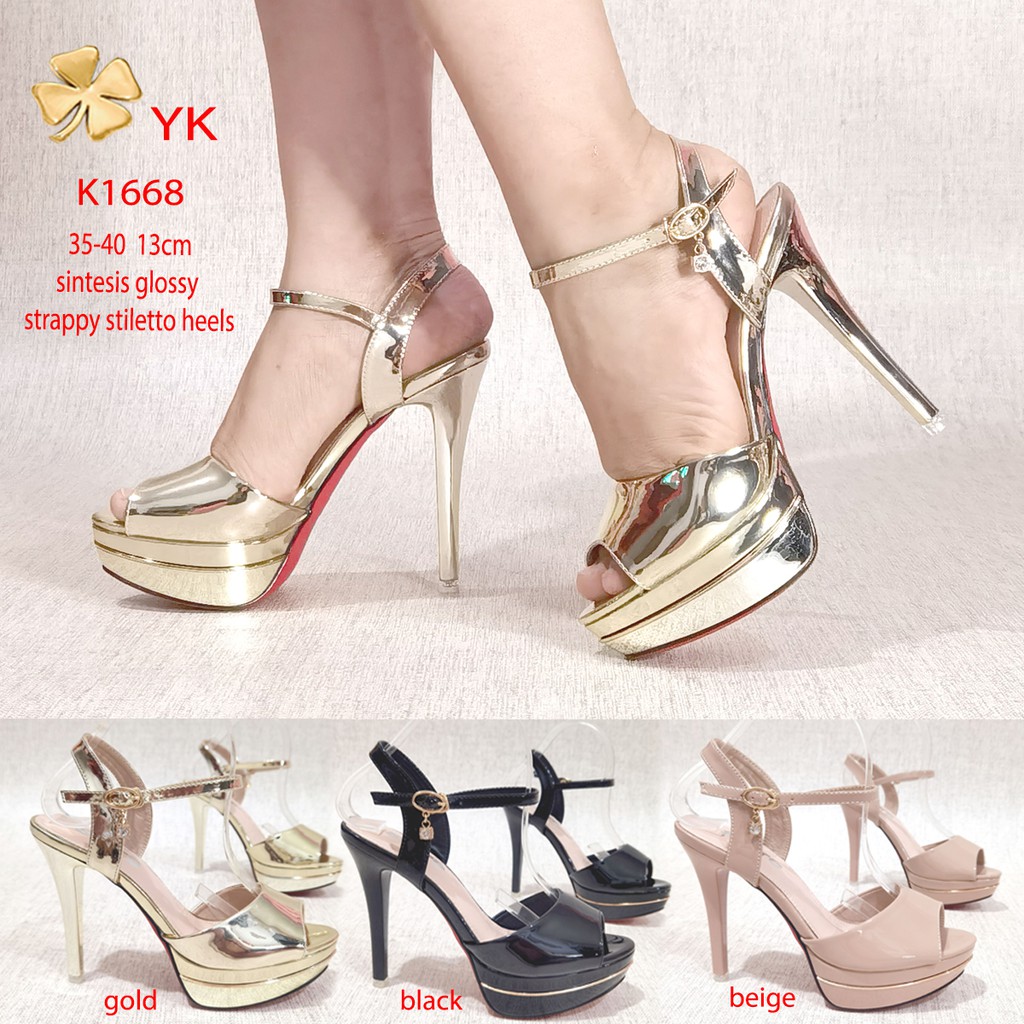 Jual YKshoes 1668 heels 13cm strappy heels black beige gold shoes