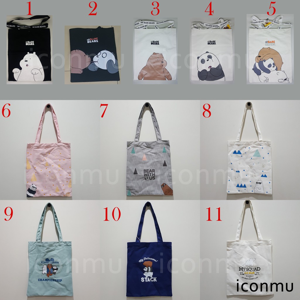 Miniso We Bare Bear Shopping Tote Bag Tas Bahan Canvas WBB Grizzly Pan Pan Ice Bear