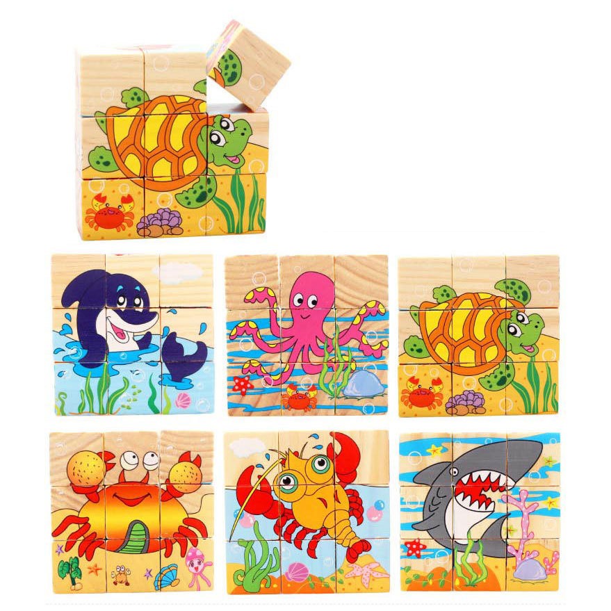 Jual [LOGU] Puzzle balok kayu kabus susun 6 gambar, Wooden cartoon ...