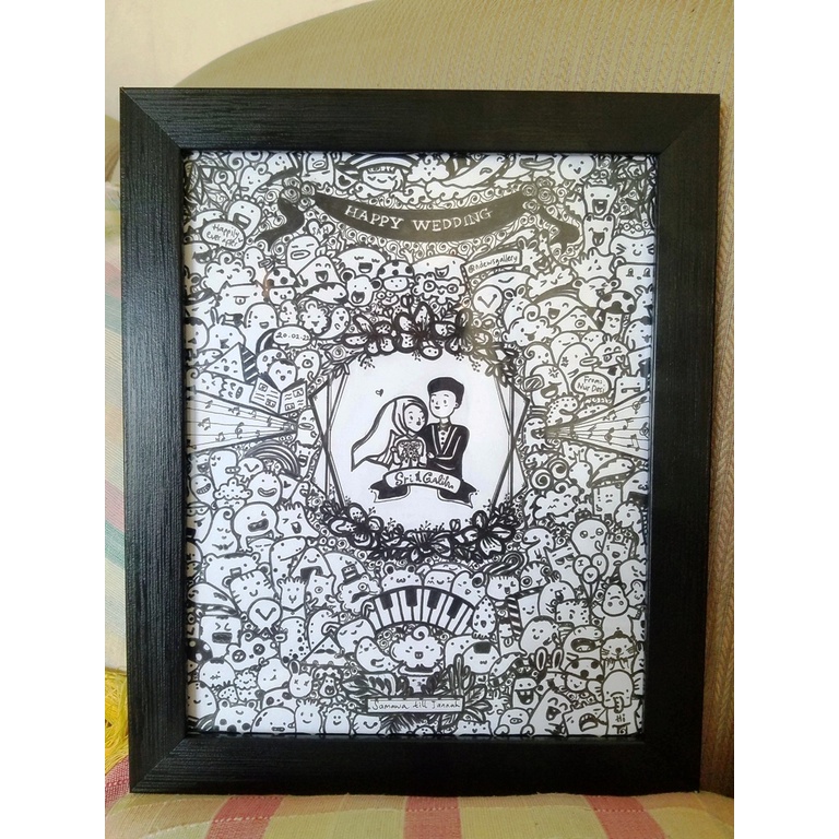 Jual DOODLE ART WEDDING CUSTOM 01 TANPA VARIASI FOTO, FRAME MINIMALIS