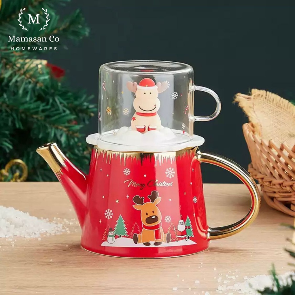 Jual Rudy Christmas Ceramic Teapot & Cup with Gold Rim Gelas Natal