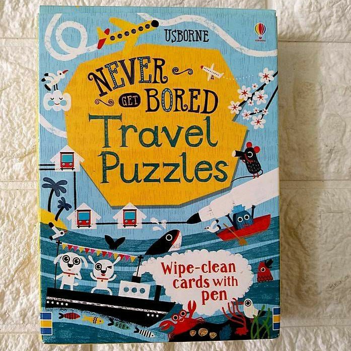 Jual Usborne Never Get Bored Travel Puzzles / flashcard / Wipe clean