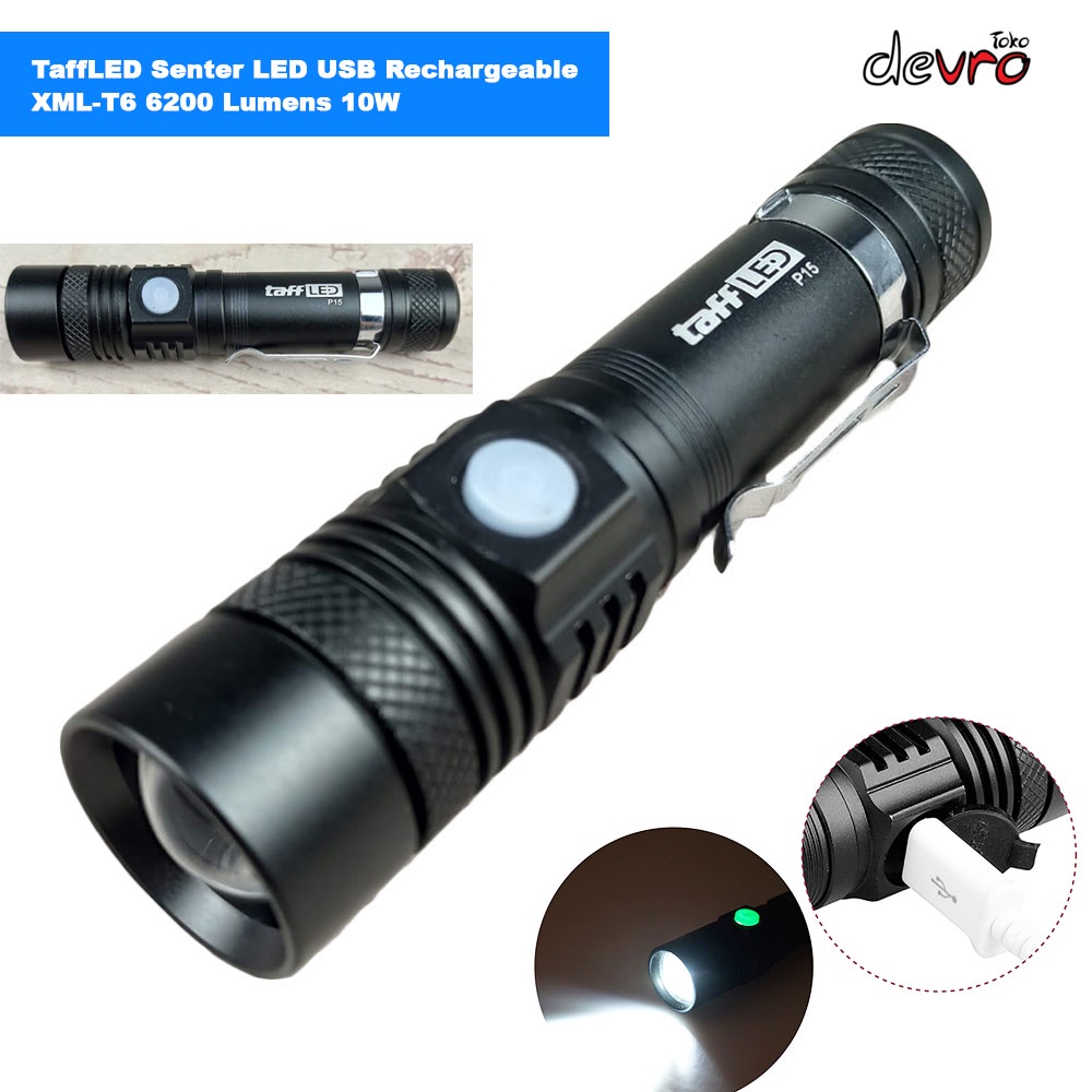Jual Senter LED USB Rechargeable XML-T6 6200 Lumens 10W - TaffLED P15 ...