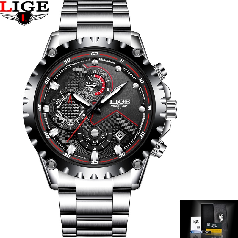 LIGE 2021 Stainless Steel Hollow Mens Watches Top Brand Sport Waterproof  Quartz Watch Men Military W