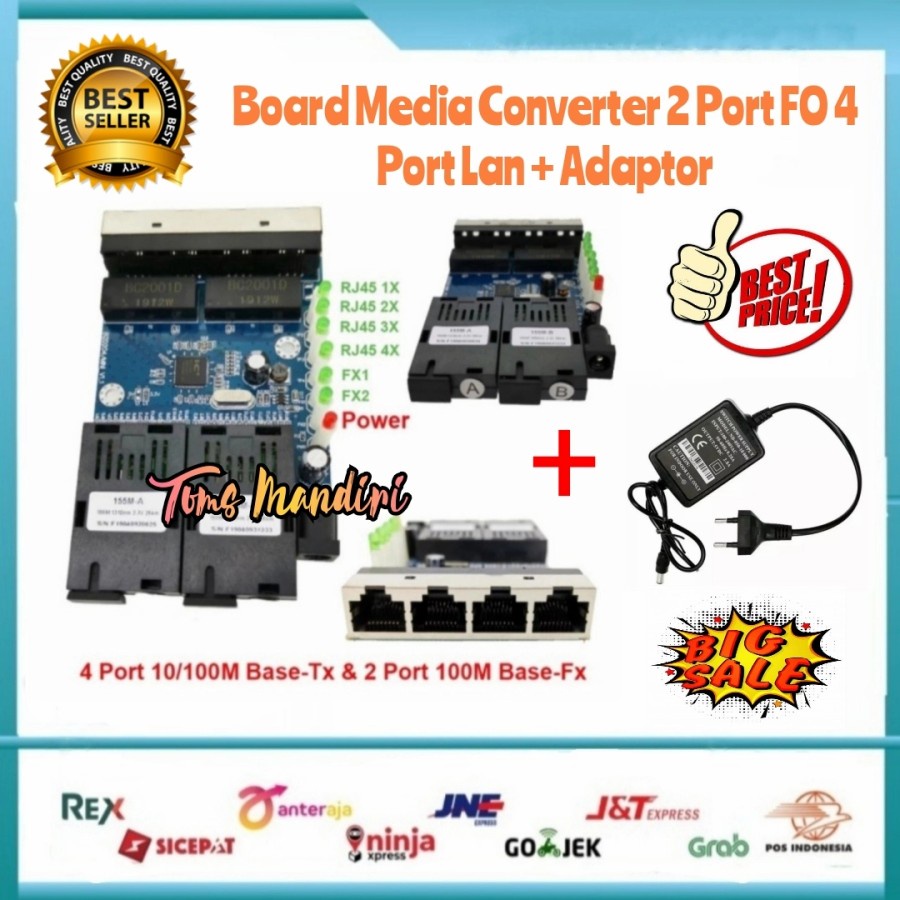 Jual Media Converter Board 2 Port Fiber Optik 4 Port LAN + Adaptor 5V
