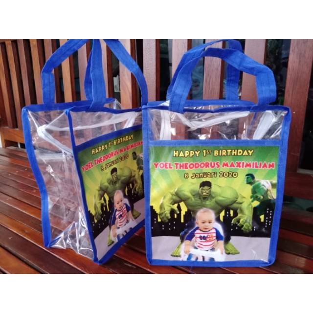 Jual Tas souvenir ulang tahun anak model kantong mika tema hulk ...