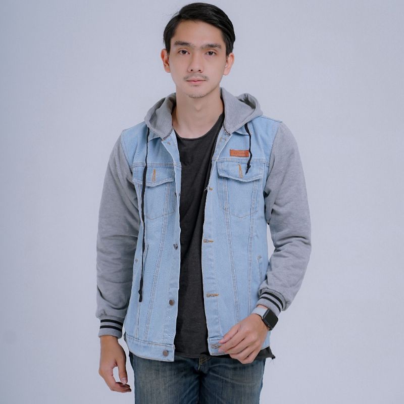 Jual Jaket jeans raglan hoodie kombinasi fleece size jumbo 2XL-3XL