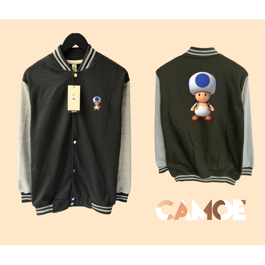 Jual jaket varsity baseball Toad Mario bros jamur biru mushroom ...