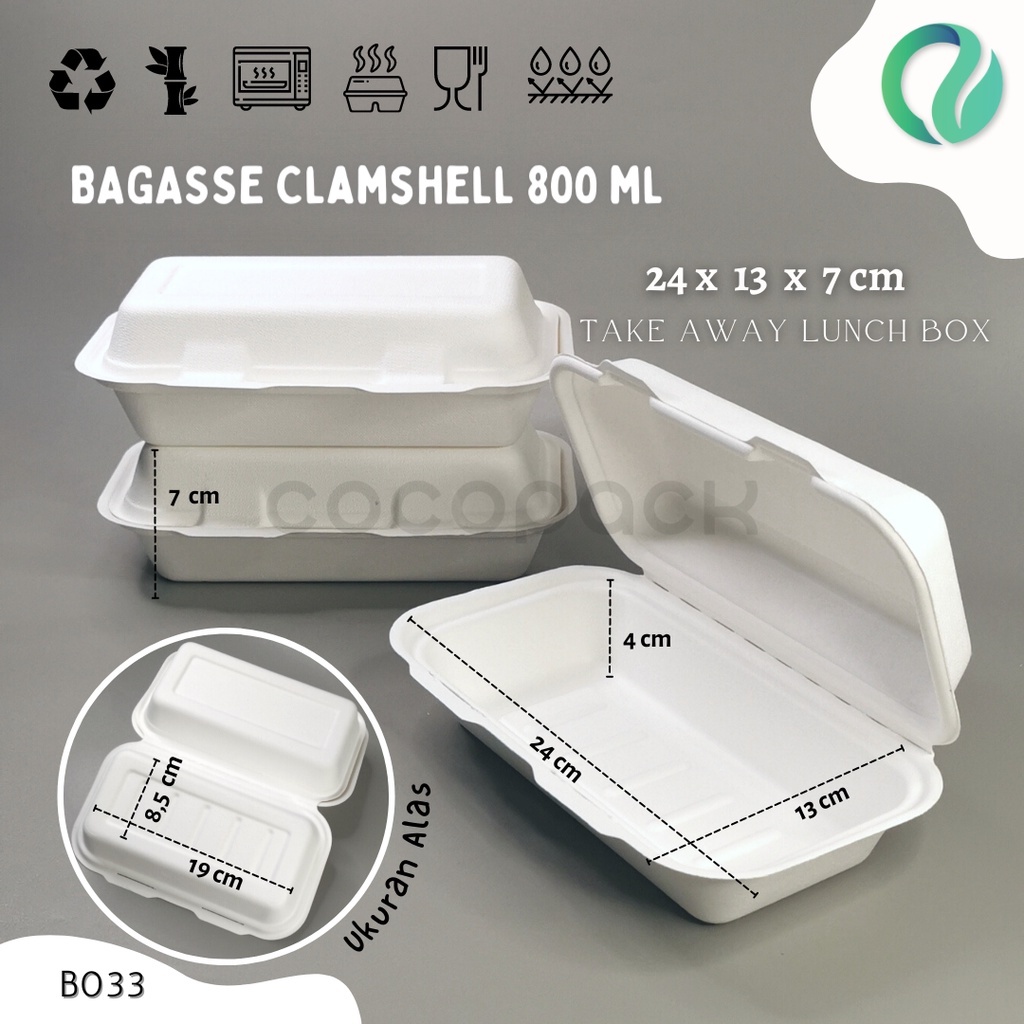 Jual Kotak Makan Sekali Pakai Bagasse Clamshell Take Away Box 800ml