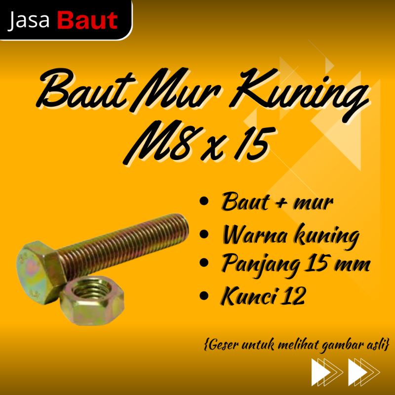 Jual Baut Mur M8x15 / Baut 12 Kunci 12 / Baut Mur Kuning BMK M8 X 15 ...