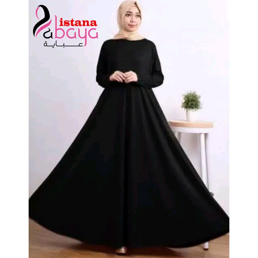 abaya polos cantik simpel tgn karet kerut wudhu friendly dan bawah klok lebar gaun cantik