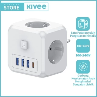 (HOT)KIVEE Stop kontak colokan listrik kubus 7-in-1 USB+Type C Fast charging Daya Max 4000W