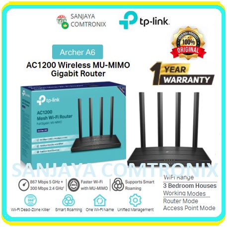Jual TP-LINK AC1200 WIRELESS MU-MIMO GIGABIT ROUTER ARCHER A6 | Shopee ...