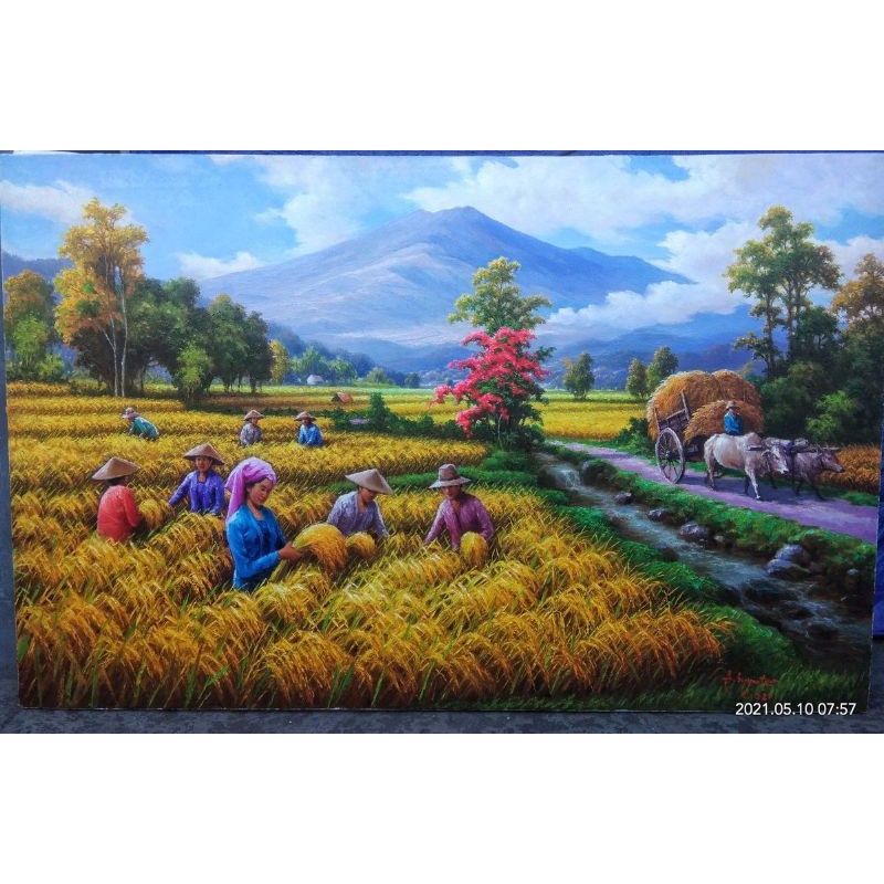 Jual Hiasan dinding gambar petani memanen padi plus bingkai | Shopee ...