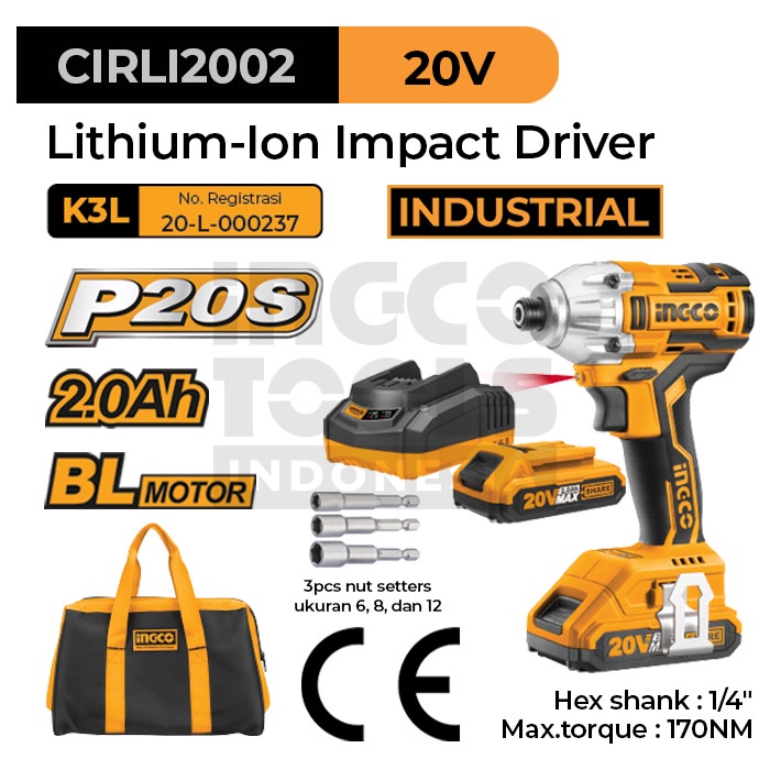 Jual P20S Brushless Impact Driver (20V 170Nm) INGCO CIRLI2002 Obeng