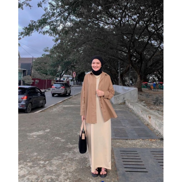 Jual Satu set OOTD hijab 2 in 1 (Outer Kemeja + Long Dress Inner Span) |  Shopee Indonesia