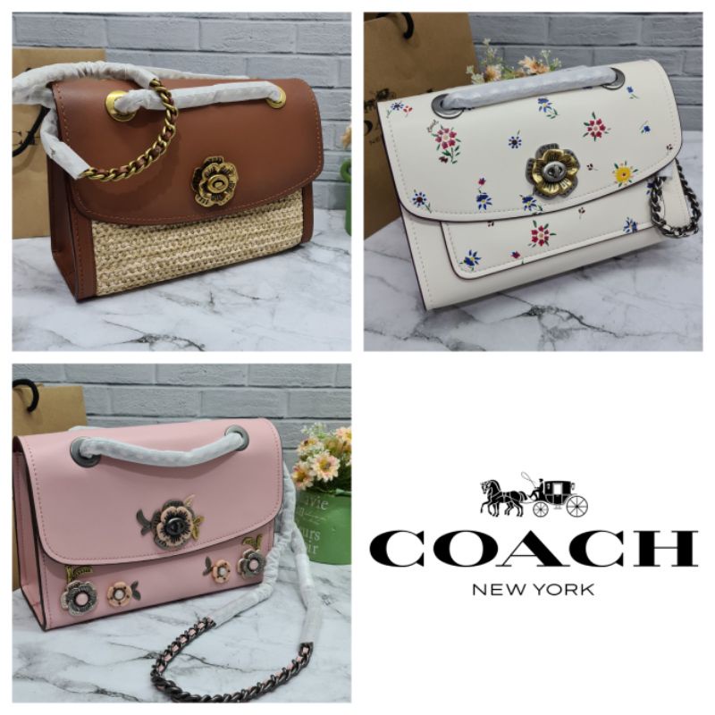 Jual Coach Parker 25 Shoulder Bag with Motif Straw Saddle Blossom Tea Rose Floral Print White Shopee Indonesia
