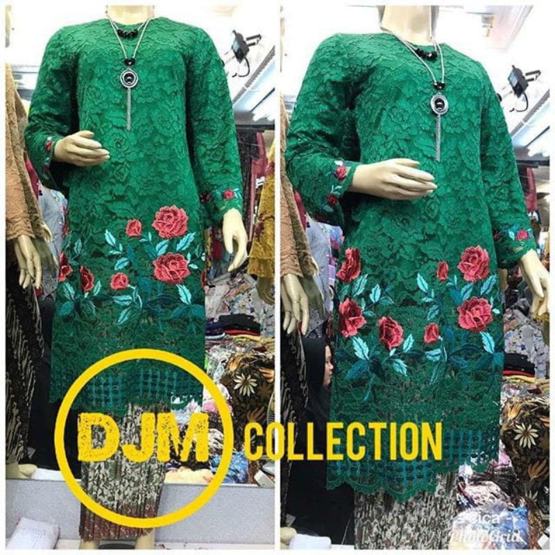 Jual Set Kebaya Brokat Tunik Bordir Warna Hijau Botol Mix Plisket