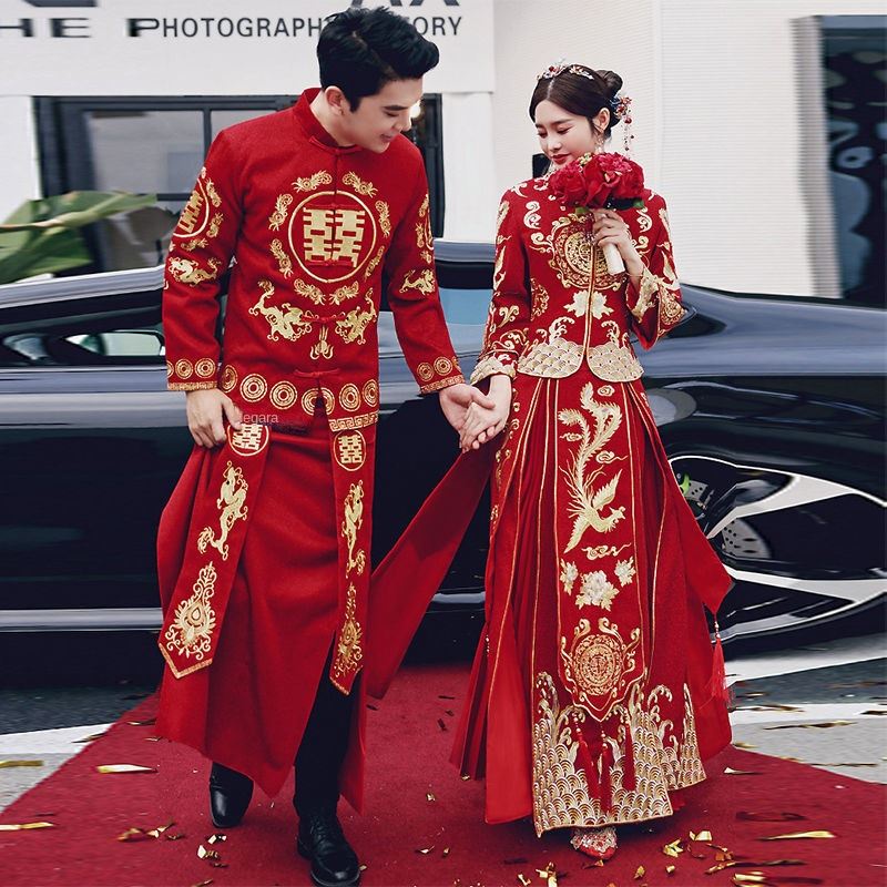 Jual Xiuhe clothes 2024 new bride s wedding Chinese wedding dress slim fitting toasting clothes groom cou Shopee Indonesia
