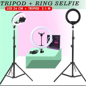 PAKET TRIPOD Ringlight LED 3 Warna Ukuran 26cm Bonus Holder U Ringlight Selfi