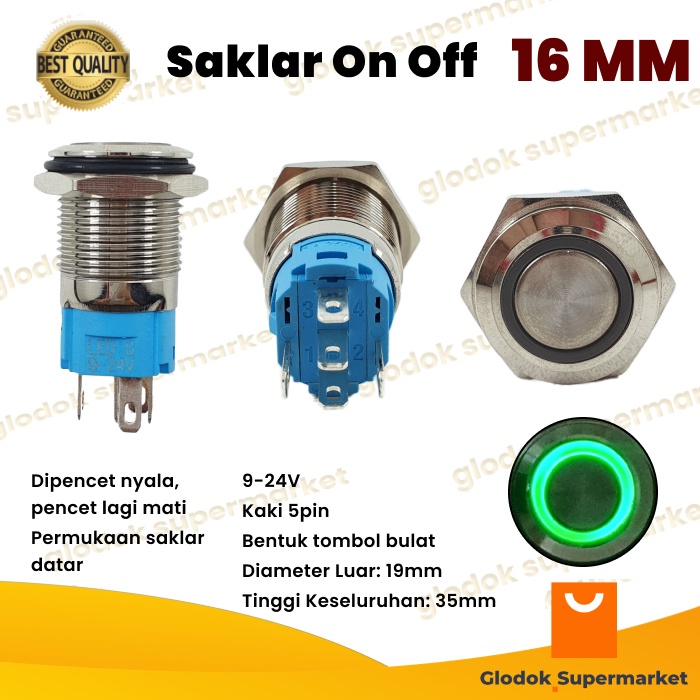 Jual Switch Metal 16mm Push On Off Lampu 5 Pin Saklar Stainless 5pin ...