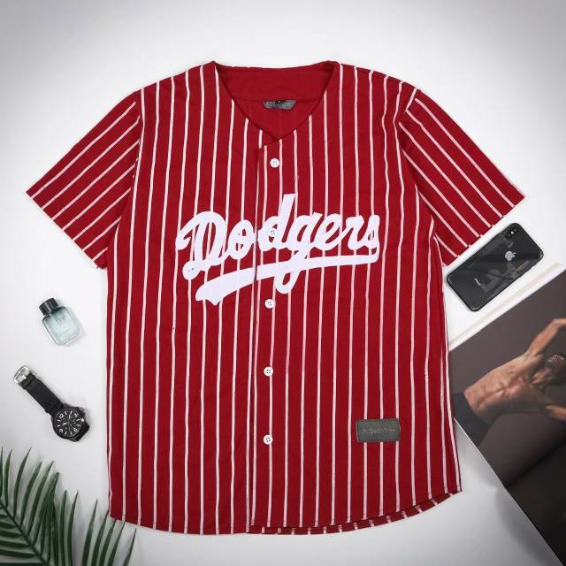 Baju Sport Jersey Baseball dodgers salur hitam Pria Wanita