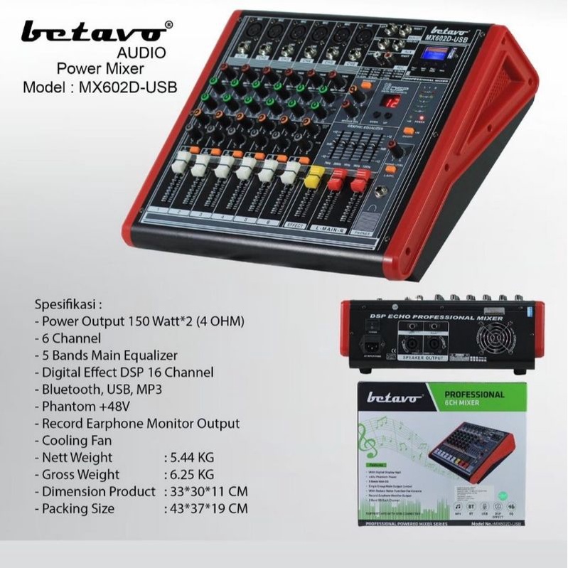 Jual POWER MIXER BETAVO 6 CHANNEL M 602 D USB COCOK UNTUK DIPAKAI