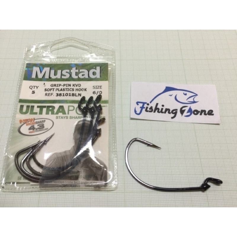 Mustad KVD GRIP-PIN Soft Plastics Hook 38101 BLN Size 2/0 3/0 4/0 5/0 6/0  Qty 5 pcs - Mata Kail Pancing Worm Hook untuk Umpan Soft Lure Laut Kolam