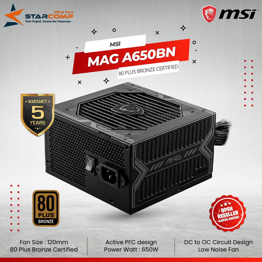 MSI MAG A650BN Gaming Power Supplyr - 80 Plus Bronze Certified 650W -  Compact Size - ATX PSU