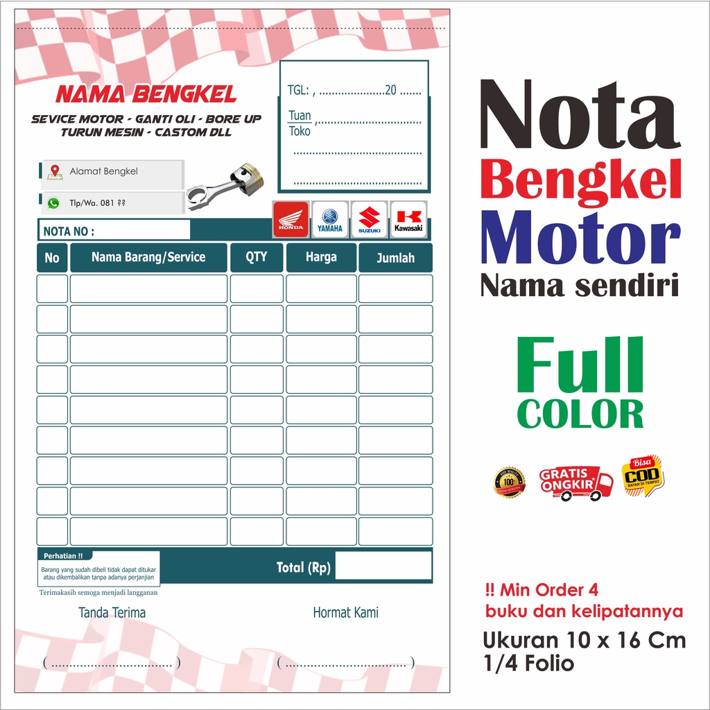 Jual nota bengkel motor custom nama bengkel sendiri full color | Shopee