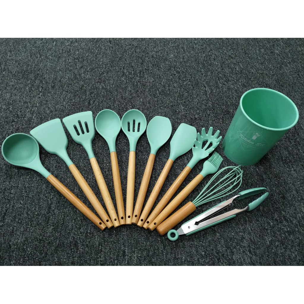 Jual Spatula Silikon Set Gagang Kayu Tahan Panas / Alat Masak Silicone