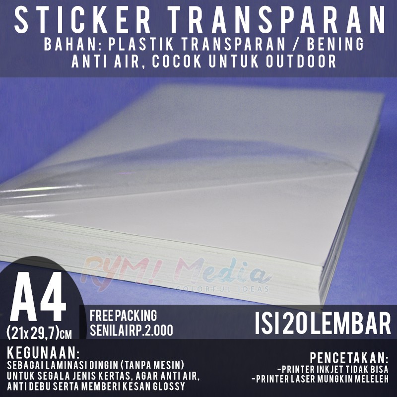 Jual Stiker Transparan A4 Isi 20 Lbr / Kertas Sticker Transparant ...